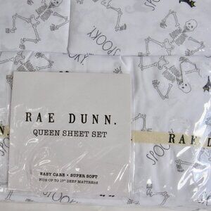 NEW Rae Dunn Spooky Halloween Queen Size Sheet Set Dancing Skeleton Black Cat